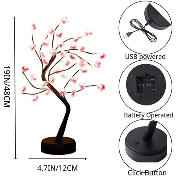 Cherry Blossom Tree Lamp, 18inch 36 Led Bonsai Tree Lights, Battery/USB - Picture 5 of 7